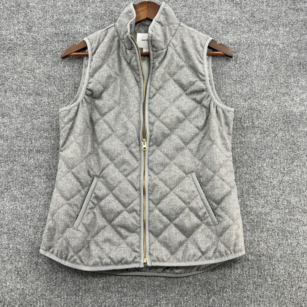 Old Navy Quilted Vest Womens Small Gray Full Zip Mock Neck Classic Preppy